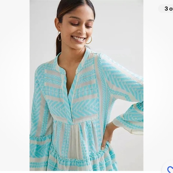 Devotion Twins Ella Embroidered Cotton Tunic Dress Neon Turquoise Blue White XS - Picture 3 of 8